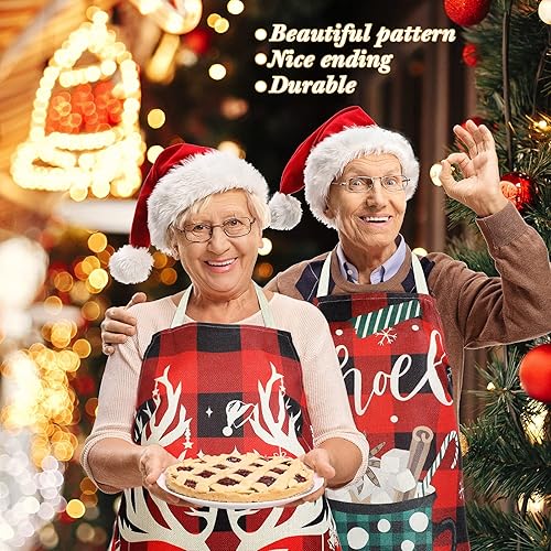 Miniatura 6 de Zhanmai 7 delantales de Navidad para mujeres y hombres, delantales de Navidad a cuadros rojos y negros, delantales de Navidad ajustables para