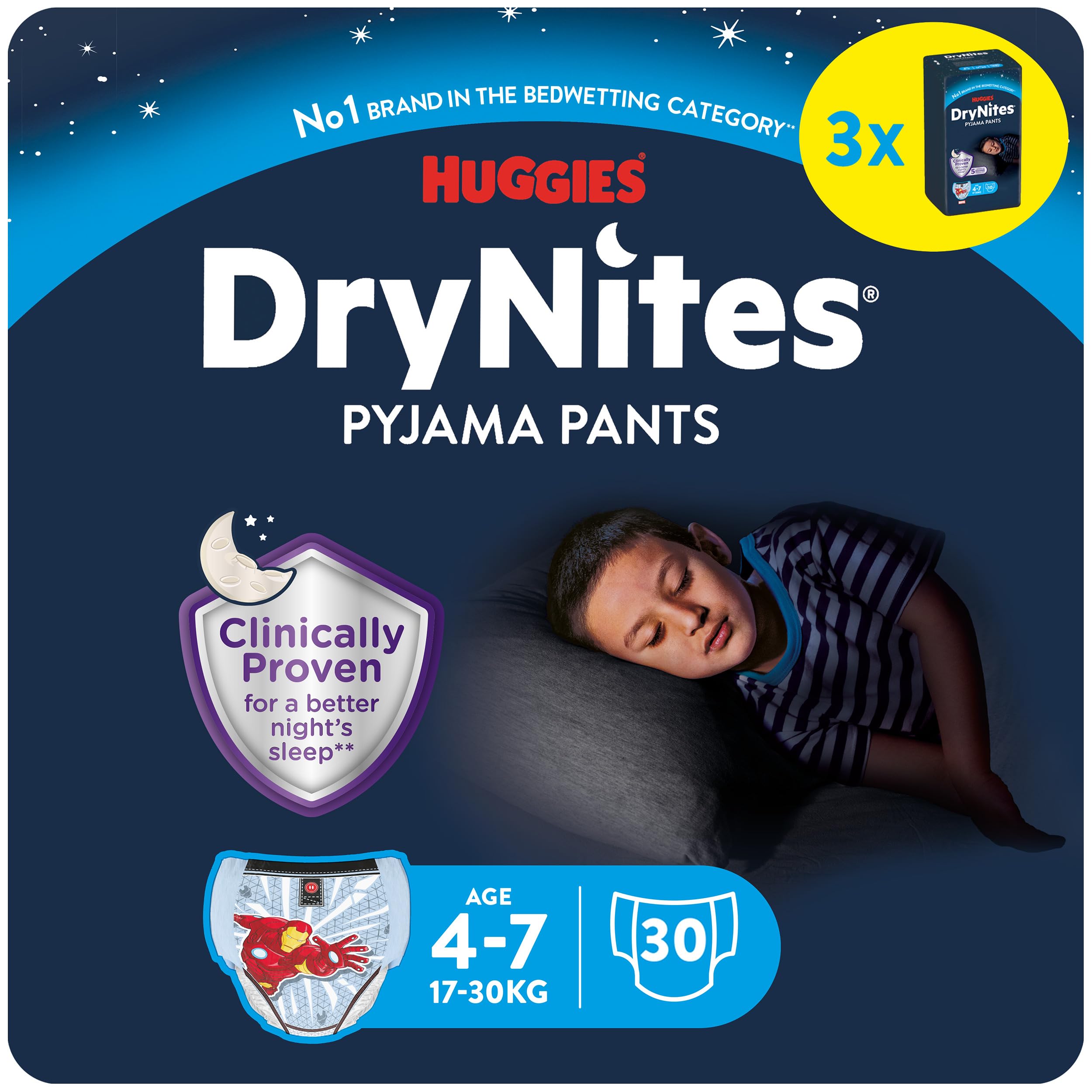 Huggies DryNites Pañales de Noche para Niño 4-7 (17-30 kg), Clínicamente Probado con 5 Capas de Máxima Protección Nocturna, 3 Packs de 10, Total 30 Bragas Absorbentes