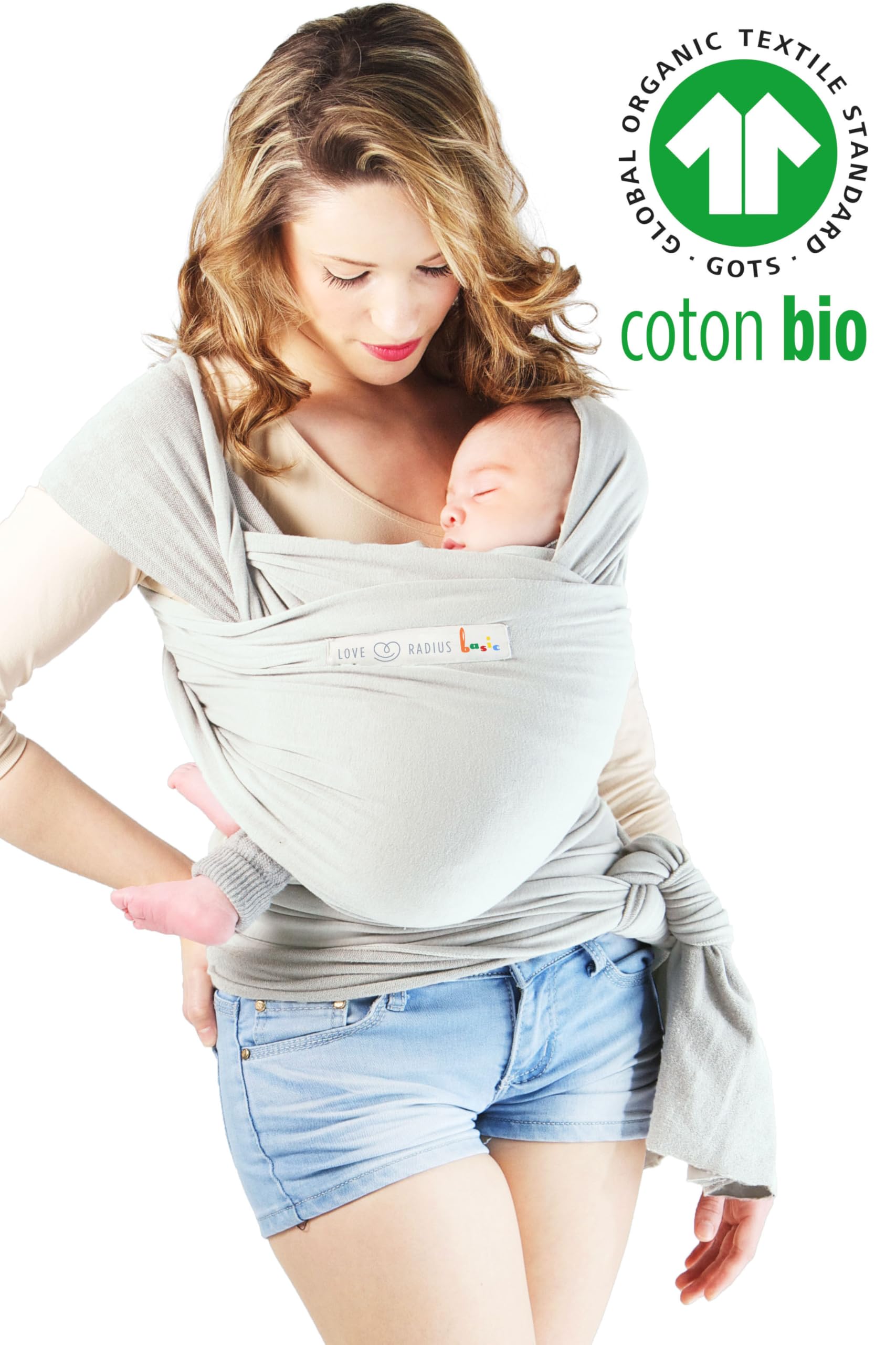 Love Radius BASIC Cotone Bio - Nascita a 9 kg - Sciarpa da trasporto estensibile - Regolazione facile 1 nodo preliminare per mettere e uscire il bambino, trasporto ventrale, porta bebè mani libere