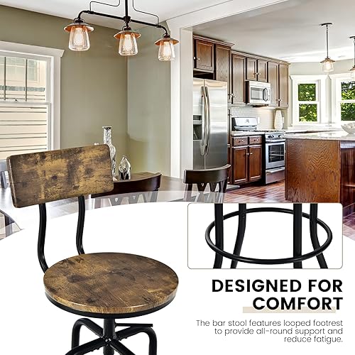 Miniatura 8 de GOFLAME Juego de 4 taburetes de bar, sillas de bar industriales de altura de mostrador con asiento ajustable en altura, respaldo y reposapiés en