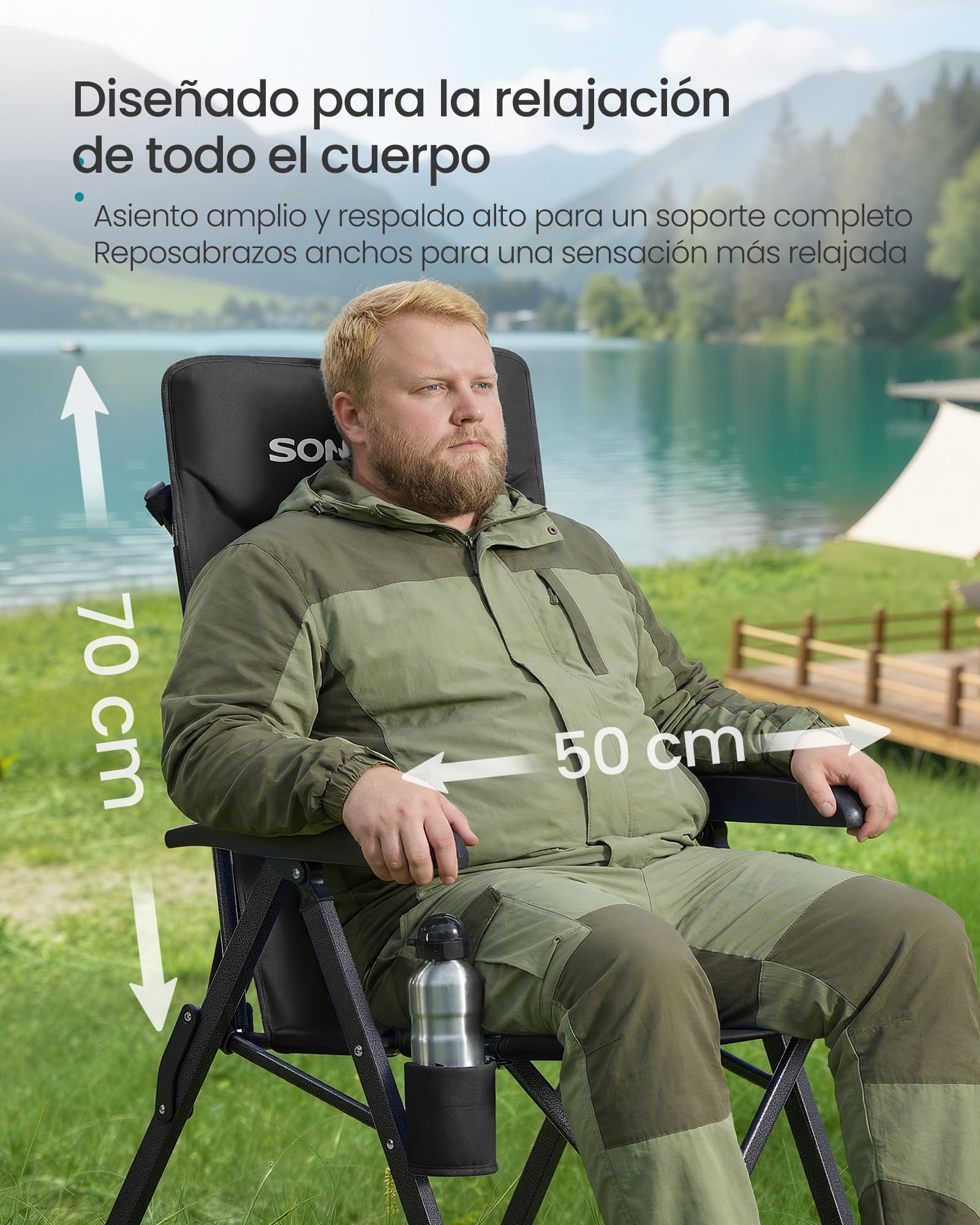 SONGMICS Silla de Camping para Adultos, Reclinable 95°-150°, Plegable, Respaldo Alto Ajustable, con Portavasos y Bolsa con Correa para el Hombro, Jardín, Pícnic, Pesca, Negro GCB015BZ01