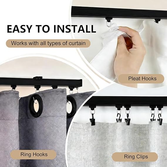 MaKefeile Ceiling Curtain Track, Heavy Duty Curtain Tracks System for Room Divider, Wall Mount Sliding Curtain Rail with Clip and Hooks Set for Living Room, Bedroom, Shower, Outdoor, Black, 3ft-6ft