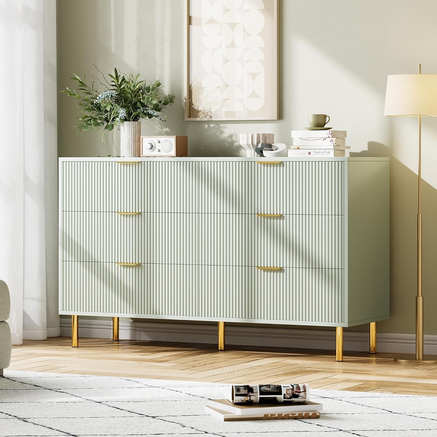green dresser, modern 6 drawer dresser for bedroom with gold handle and large drawer, wood double chest of drawers and storage organizer for living room, hallway, entryway 18.1"d x 56.3"w x 34.3"h (6 drawers) green