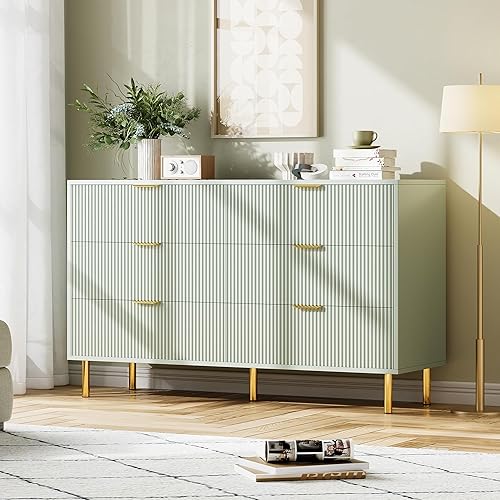 GarveeHome Green Dresser, Modern 6 Drawer Dresser for Bedroom with Gold Handle and Large Drawer, Wood Double Chest of Drawers and Storage Organizer for Living Room, Hallway, Entryway