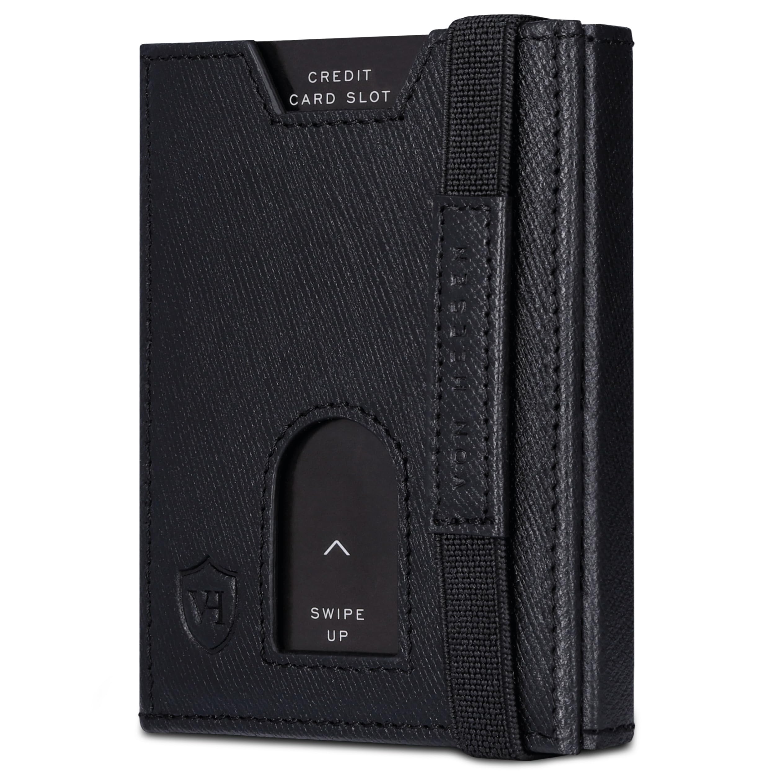 VON HEESEN Leder Slim Wallet - Geldbeutel mit RFID Schutz - Mini Geldbörse für Herren und Damen - Kartenetui Echtleder Karten Portemonnaie klein - Kreditkartenetui Schwarz Saffiano