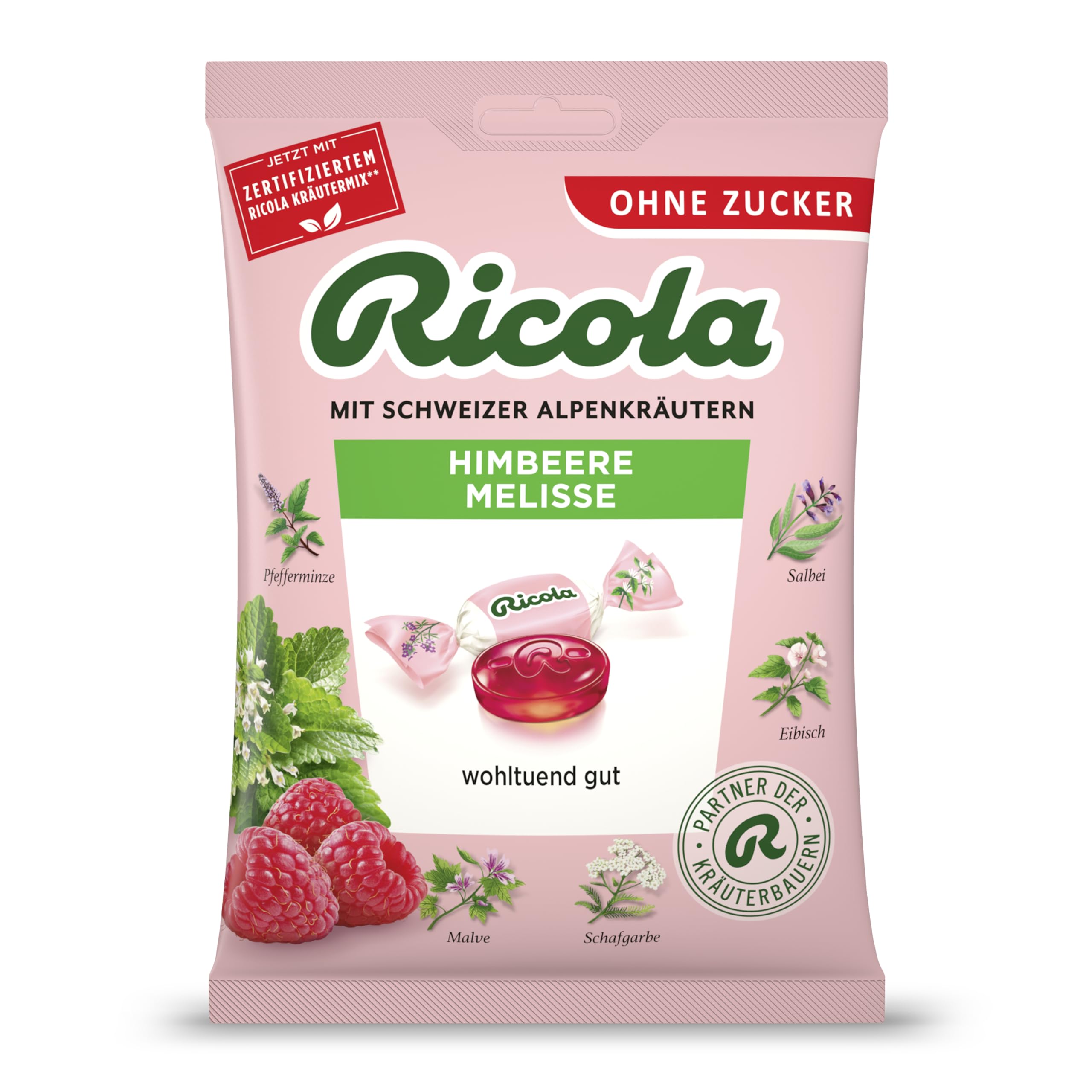 Ricola Himbeere Melisse, 75g Beutel Original Schweizer Kräuter-Bonbons mit 13 Alpenkräutern & fruchtig-frischer Himbeere, zuckerfrei, 1 x 75g, vegan