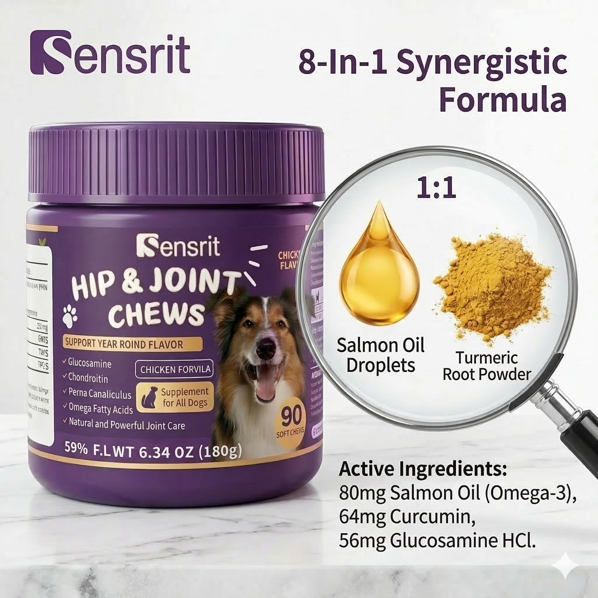 Dog Joint Supplement 90 Soft Chews with 80mg Salmon Oil 64mg Curcumin Glucosamine MSM and Chondroitin for Senior Dog Hip and Joint Support Advanced Mobility Bites Chicken Flavor. - image 2
