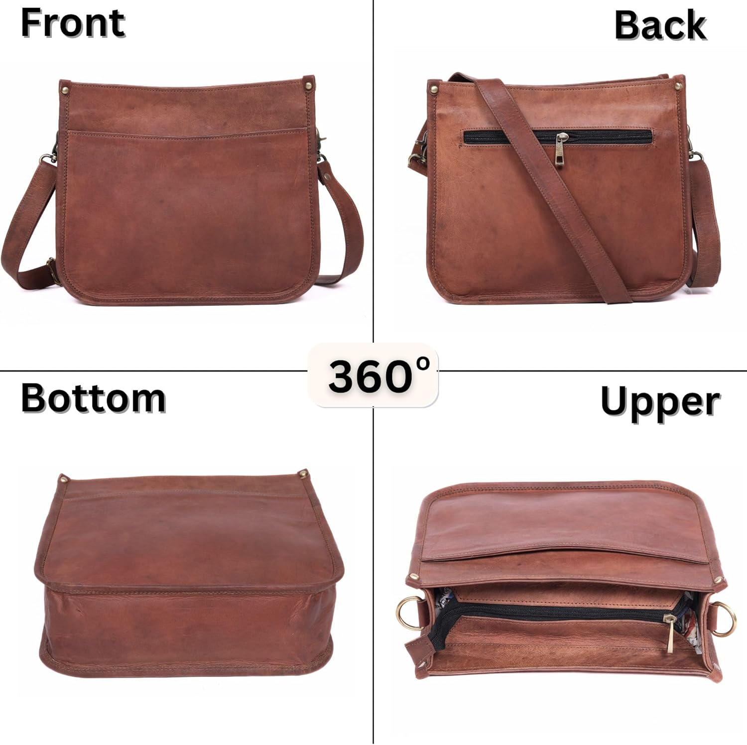 Genuine Leather Crossbody Purse for Women – Medium Satchel Bag with Zipper Pocket – Soft Vintage Boho Handbag - Image 6