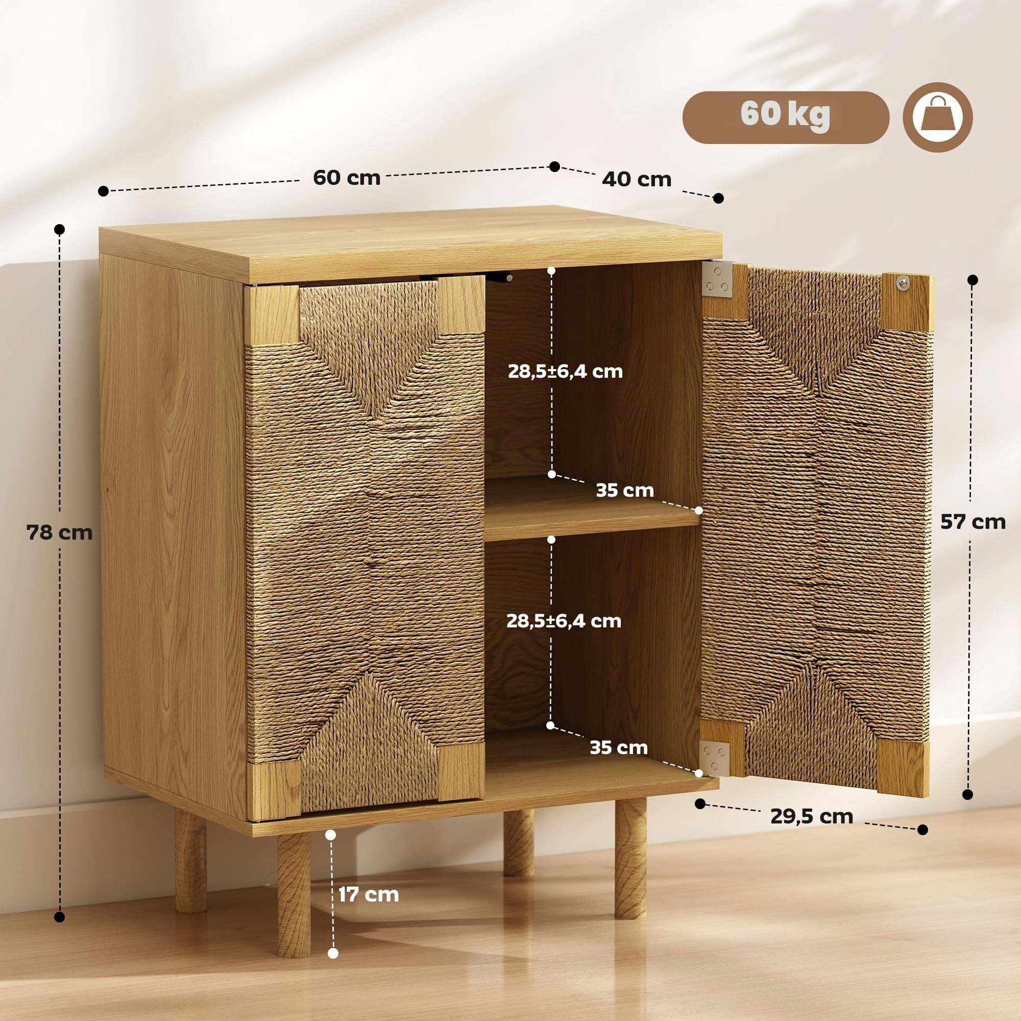 HOMCOM Aparador Bohemio de 2 Puertas con Cuerda Trenzada Roble 60x40x78 cm | Manual, Aparador de Salón, Estante Regulable, Apertura Push, Patas de Madera