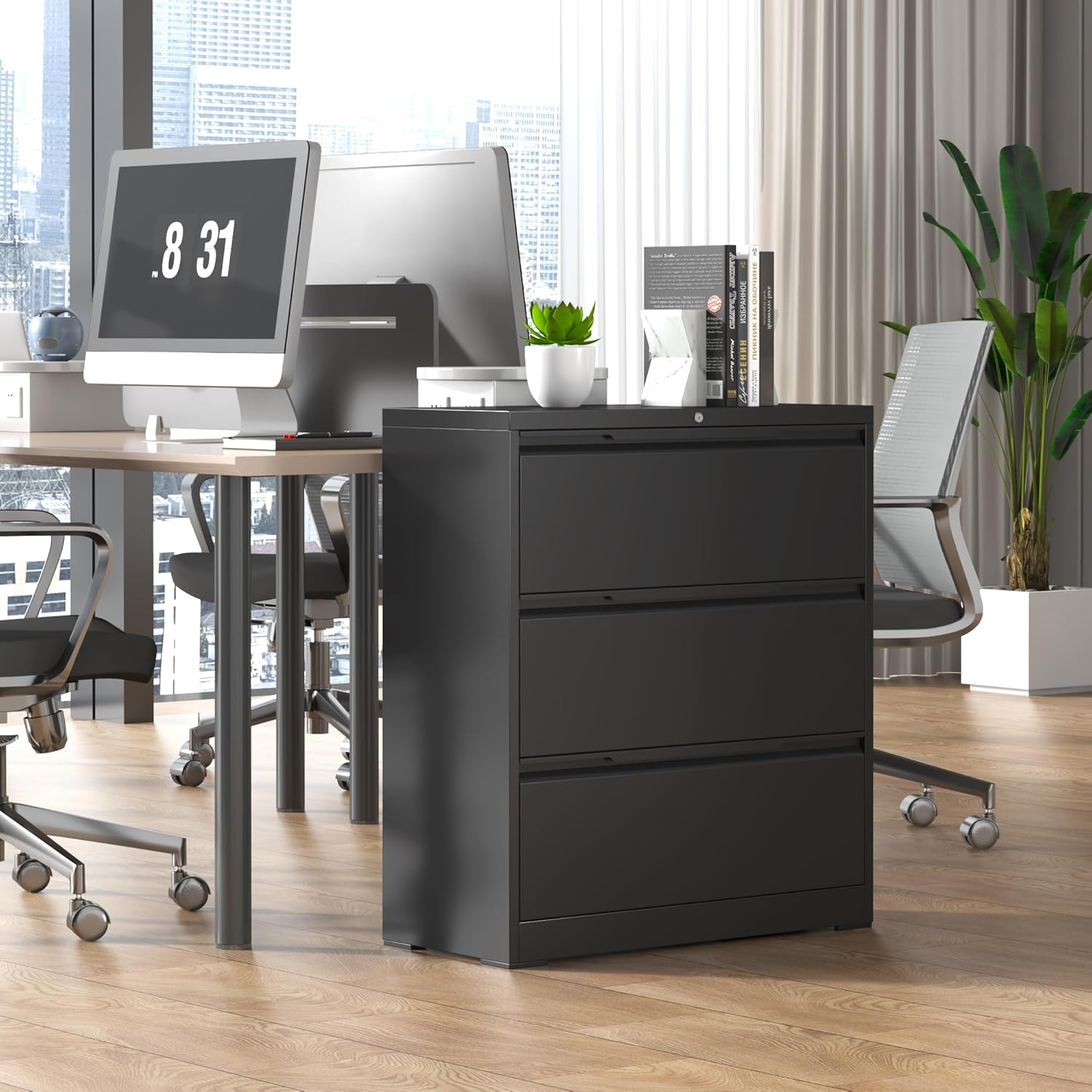 Lateral File Cabinet, 3 Drawer Lateral File Cabinet with Lock, Metal Filing Cabinets for Home Office, Black Wide Deep Drawer for Hanging Files Letter/Legal/A4/F4 Size, Printer Stand, Assembly Required