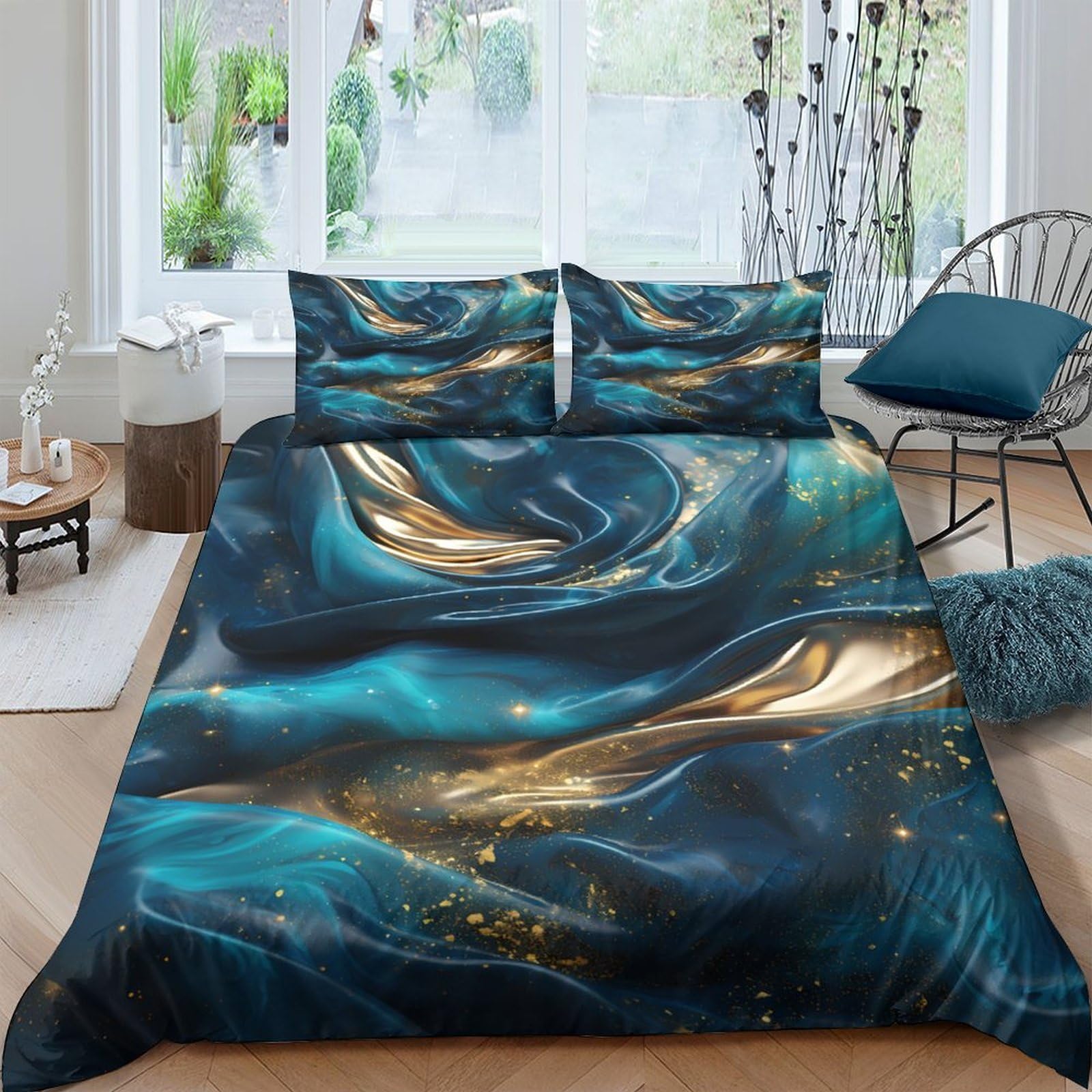 GPLZQXKJNH 3D Printed Abstract Blue Gold Swirl Duvet Cover Microfiber Soft Breathable Marble Bedding Set with 2 Pillowcases for Bedroom Decor Single（135x200cm）