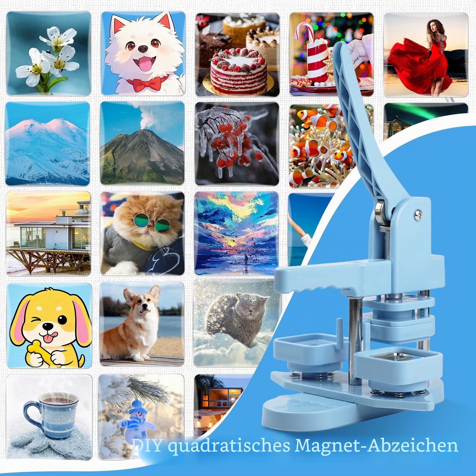 Quadratische Knopf-Maschine, 50 mm, DIY Pin Badge Maker Custom Badge Press Kit mit 100 Set Square Button Making Supplies für Geschenke Pin Maker