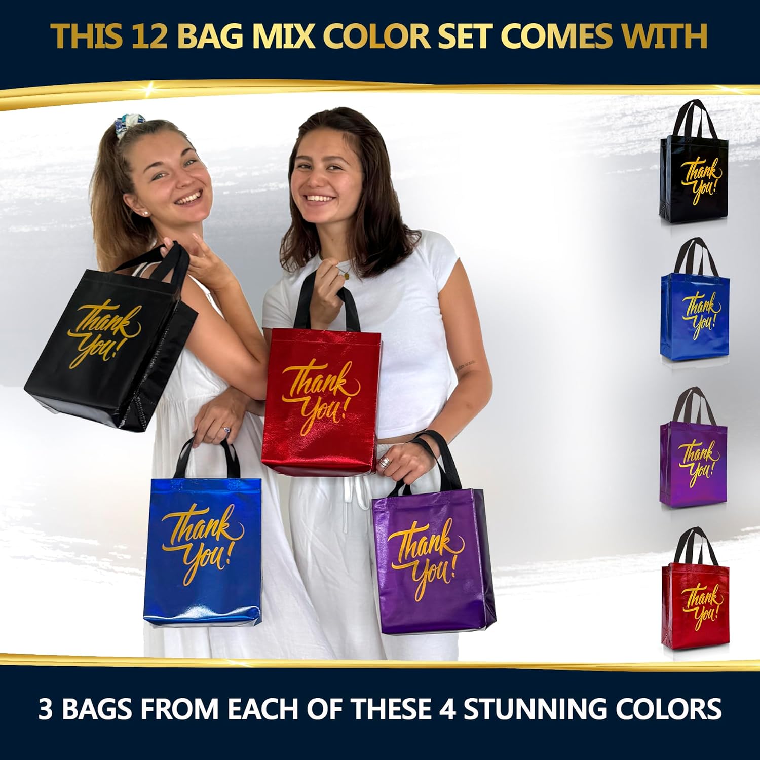 Nush Nush Thank You Gift Bags In Bulk – Set of 12 Reusable Medium Thank You bags From Four Vibrant Colors With Handles And Holographic Finish - Goodie, Birthday, Party Favor Bags–8x4x10 - Image 2