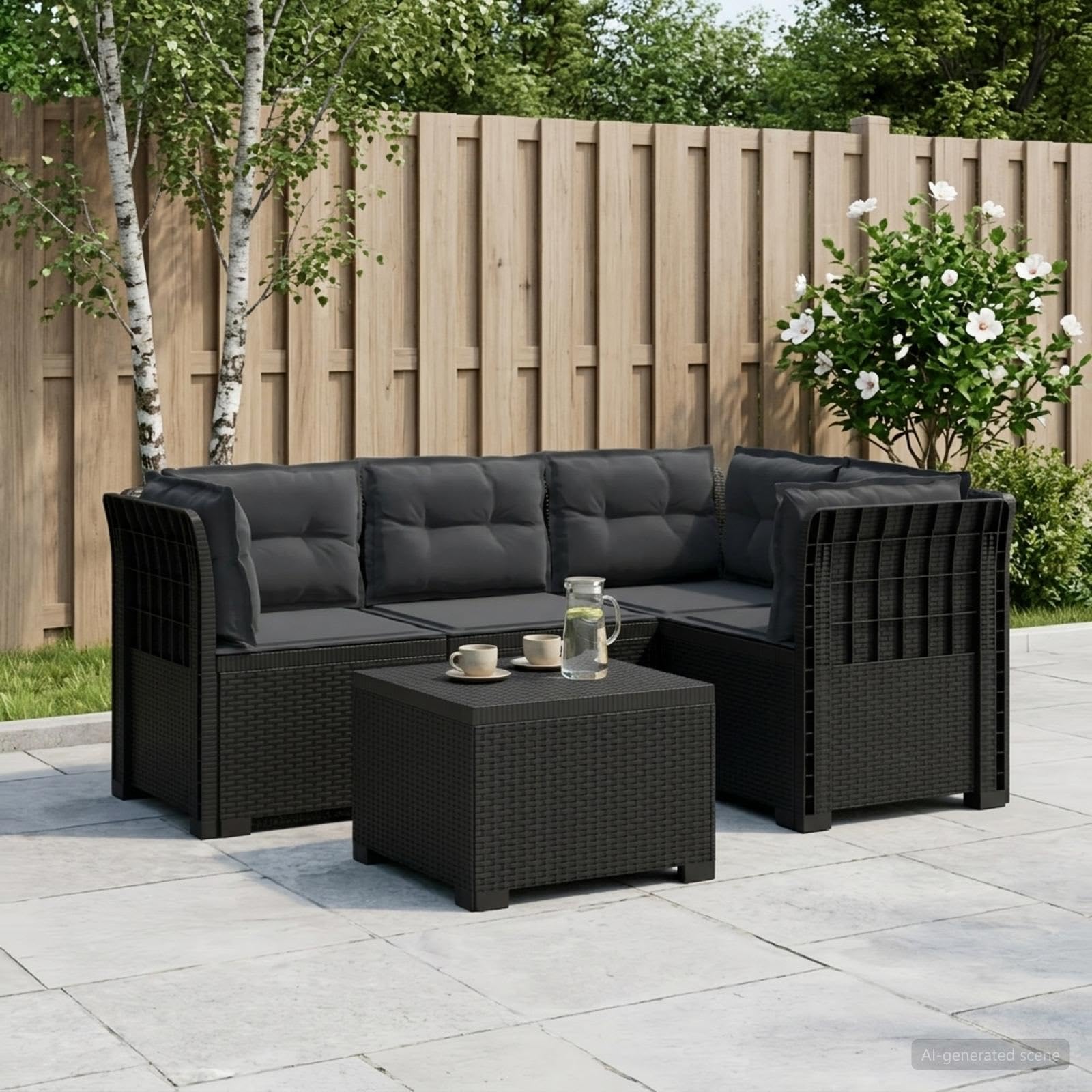 4-osobowa sofa ogrodowa z poduszką, antracytowa, odporna na warunki atmosferyczne, materiał PP, wygląd rattanu, modułowy zestaw mebli do siedzenia na taras, balkon, werandę, relaks i relaks