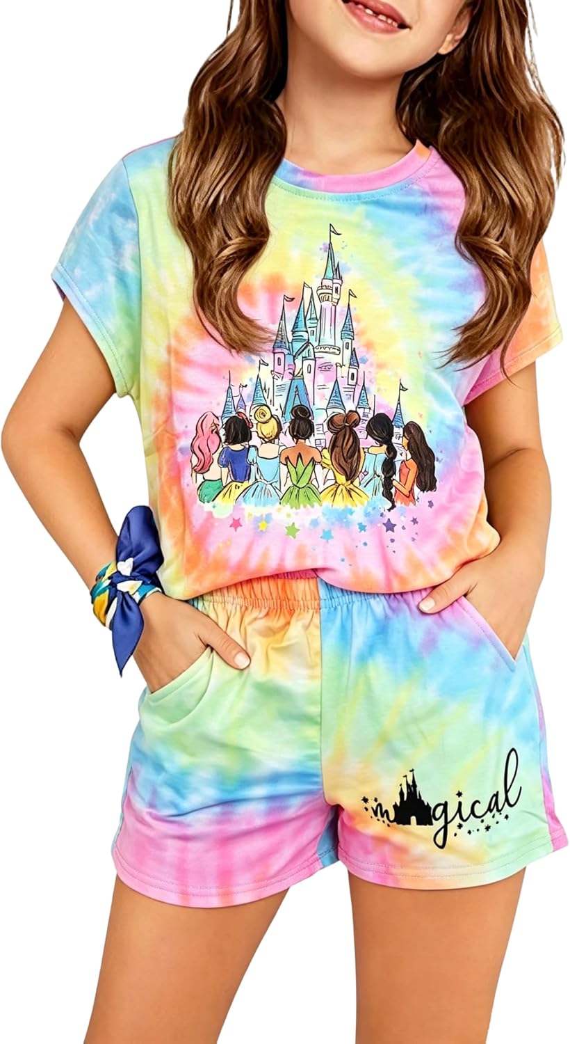 Magic Kingdom Princess Outfits For Girl Castle Tie Dye Graphic Set Casual Family Vacation 2 Piece Outfits