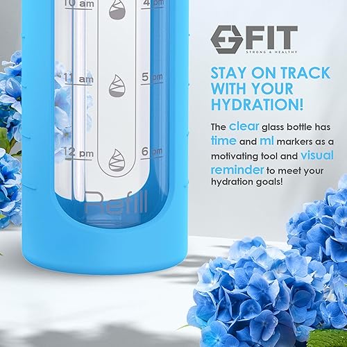Miniatura 3 de FIT Strong & Healthy 32 oz Glass Water Bottle with Straw Lid - Wide Mouth Borosilicate Glass Water Bottles with Time Marker, Silicone Sleeve & Extra