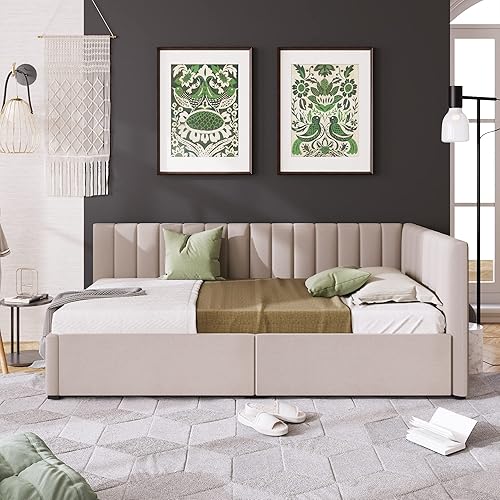 Miniatura 3 de FEELLE Sofá cama tapizado con 2 cajones de almacenamiento, marco de sofá cama tamaño individual, no necesita somier, tela de lino (beige)