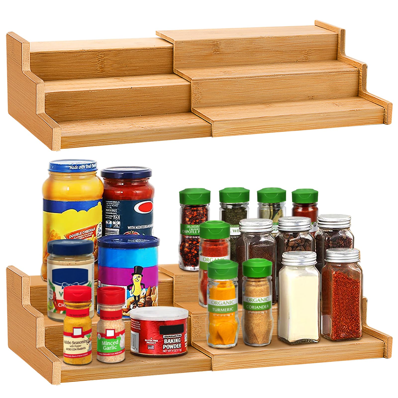 Inllex Bamboo Cabinet - 3 Tier (Bamboo) Bamboo Wooden Expandable Spice Rack Organizer for Cabinet 3 Tier Countertop Step Spice Shelf for Kitchen Storage and Organizer