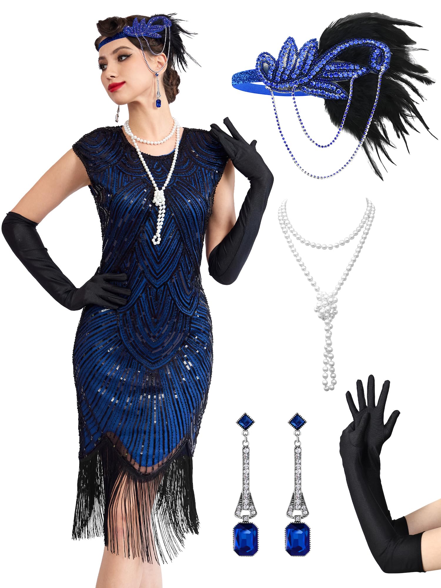 MTITE Women's Flapper Dresses 1920s Great Gatsby Sequin Fringe Set