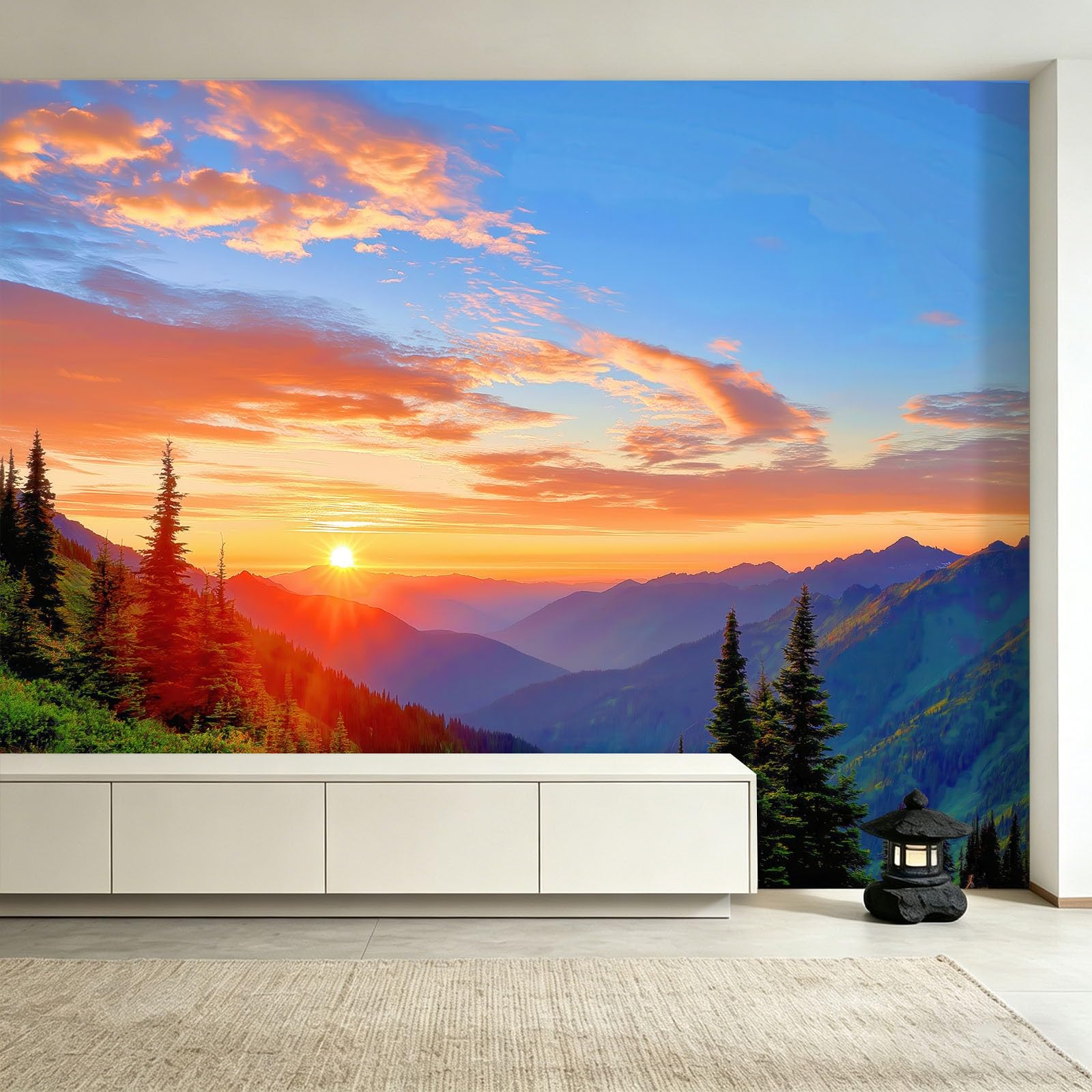 Naturalna sceneria tapeta mural 200 x 140 cm włóknina panoramiczna niestandardowa pokrycie ścian, zachód słońca, różowe chmury, góry, sosny, fototapeta, do salonu, kuchni, jadalni, sypialni, domu