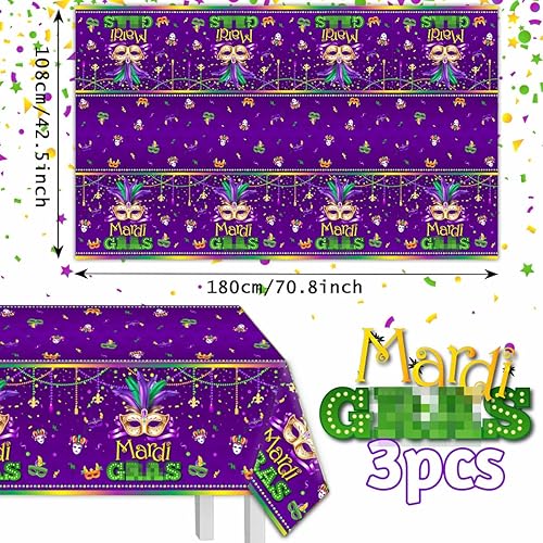 Miniatura 4 de CMUSKO 3 manteles de Mardi Gras, suministros para fiesta de máscaras, suministros de fiesta de Mardi Gras, cubierta de mesa de carnaval,