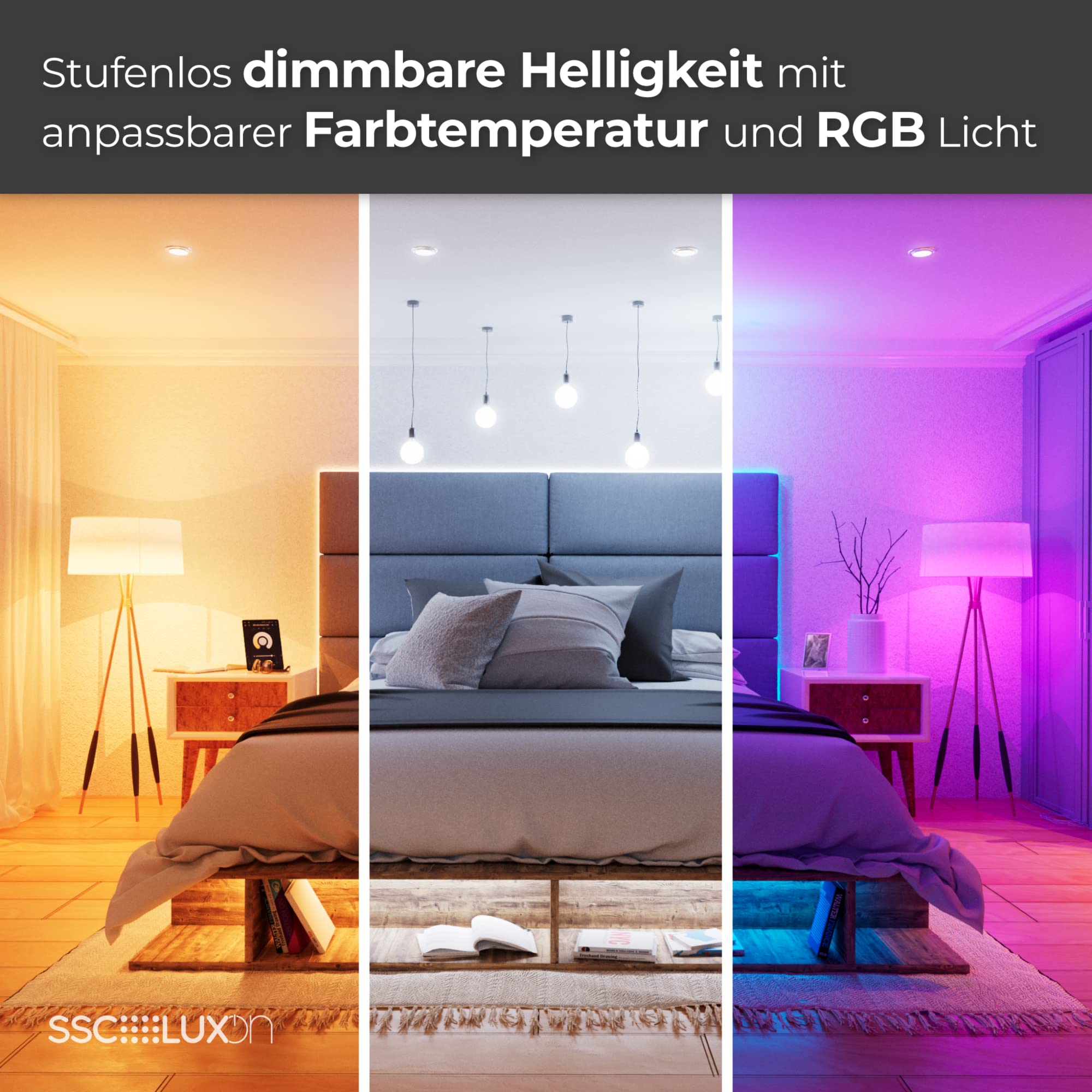 SSC-LUXon BEDA Einbaustrahler 6er Set schwarz IP65 Smart GU10 WLAN RGBW | Sechs flache Einbauspots schwarz IP65 - per App & Alexa steuerbar, RGB-Farblicht, für Bad, Küche & Außen, inkl. GU10 LED
