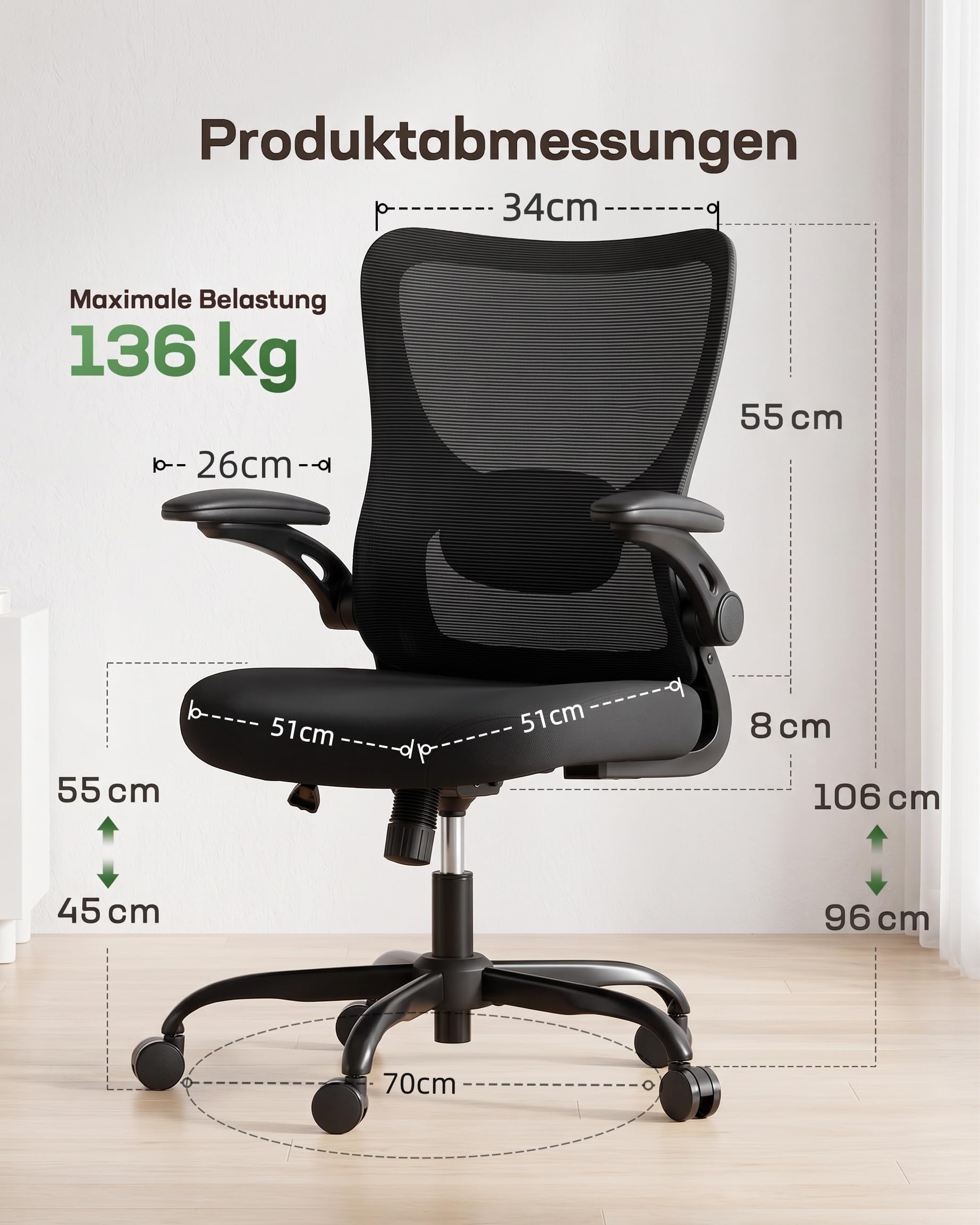 Marsail Bürostuhl Ergonomisch, Schreibtischstuhl mit 3D PU Armlehnen und Verstellbarer Lendenwirbelstütze, Drehstuhl Höhenverstellung und Wippfunktion, Chefsessel aus Mesh, Bis 136kg/300LBS