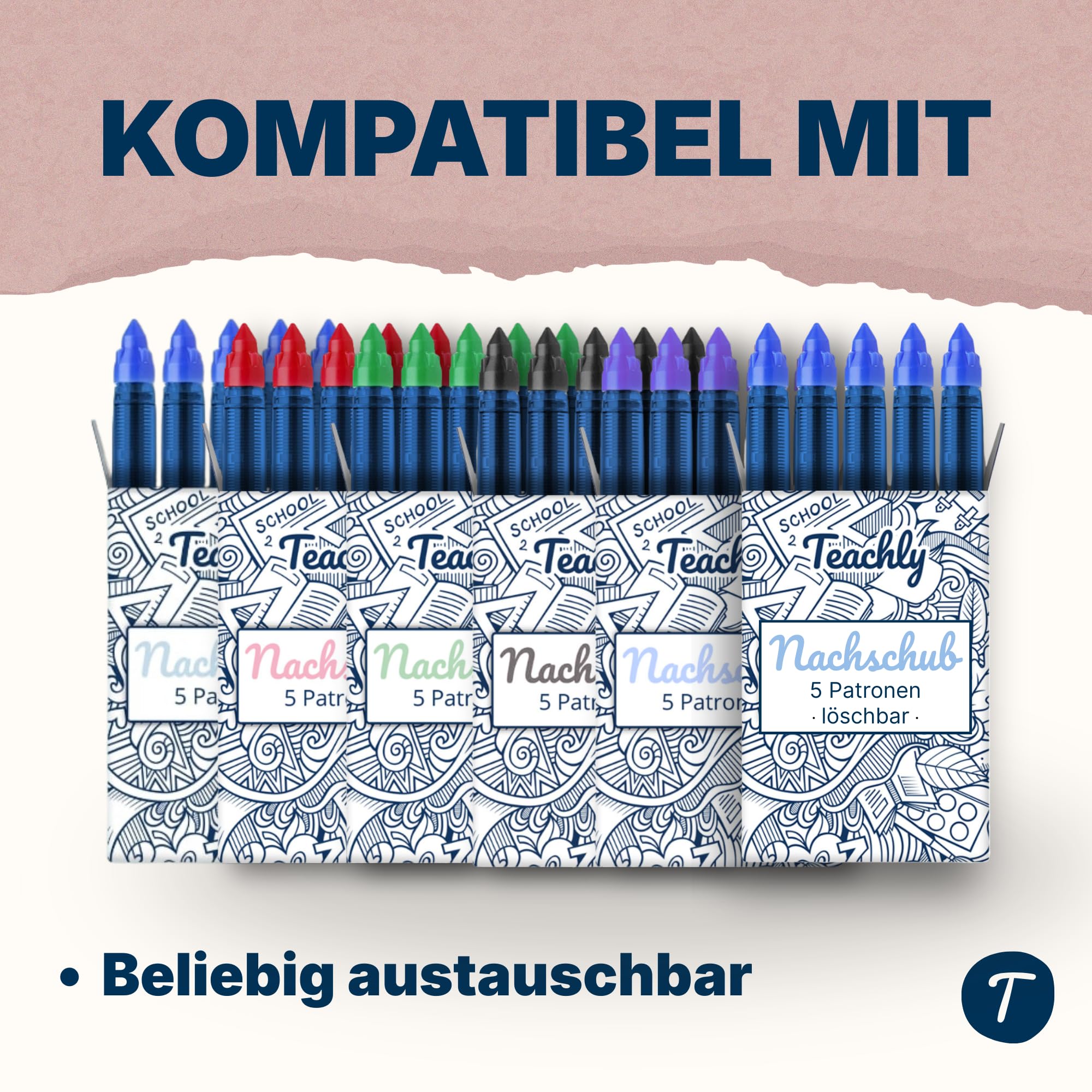 Teachly Bundle 3 x Tintenroller Superstudent (Rosé-, Mint- & Türkis-Set) - Inkl. 7 Tintenpatronen (Blau) je Set