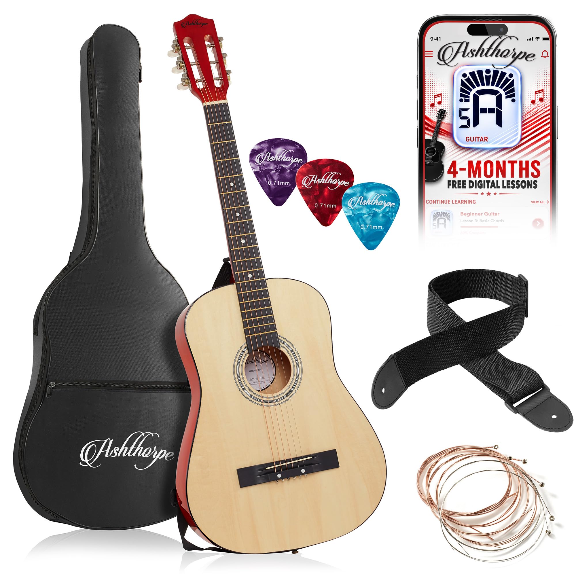 38-inch Beginner Acoustic Guitar (Natural), Starter Kit with Gig Bag, Extra Strings, Stra…