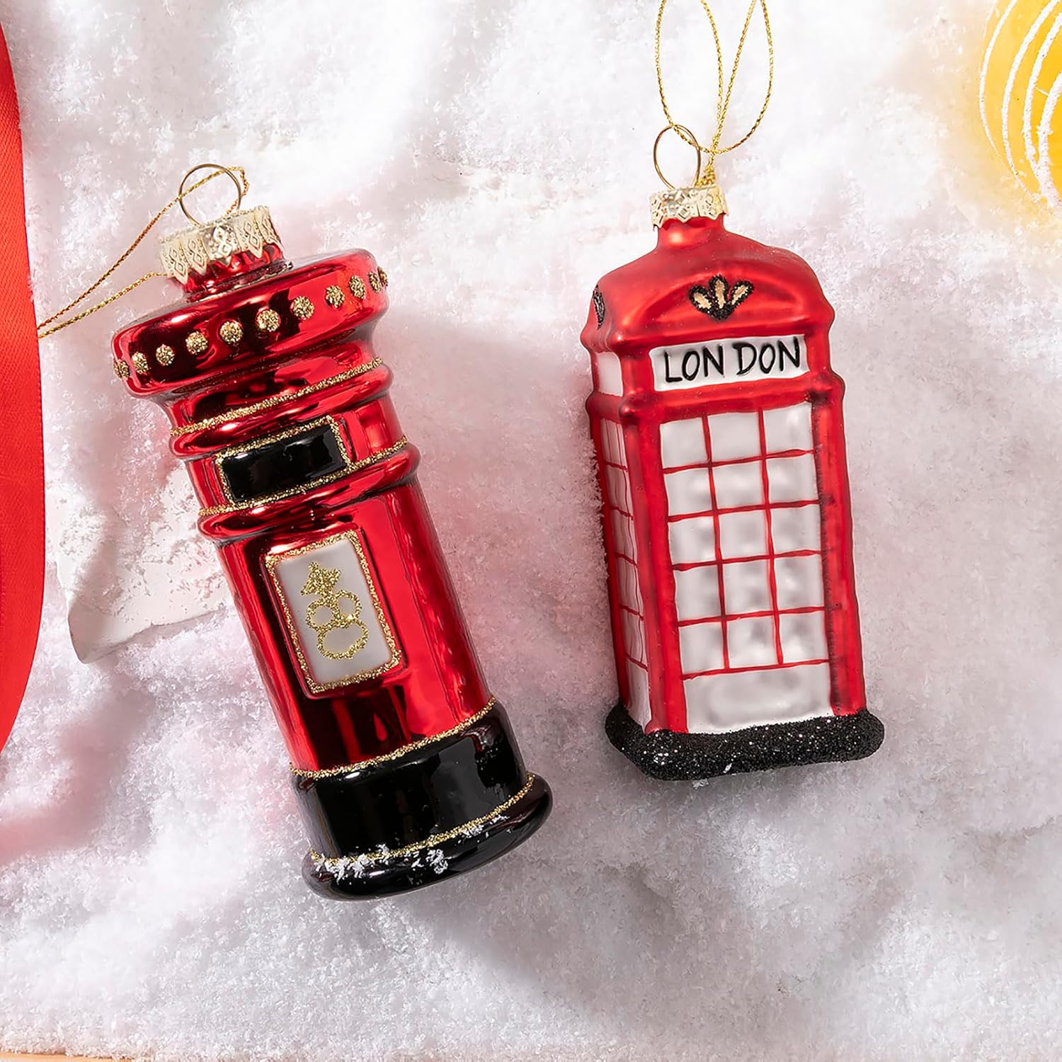 Glass Christmas Ornaments - 2Pack London Telephone Booth and Postbox Blown Glass Decorations for Tree - Image 2