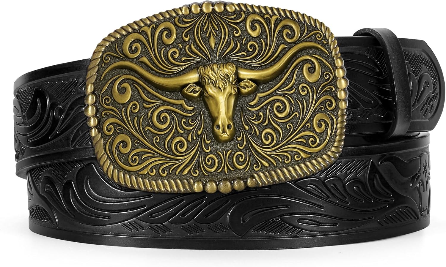 TRIWORKS Western Belt for Men Women Cowboy Engraved Belt Western Buckle Embossed Leather Belt - Image 3