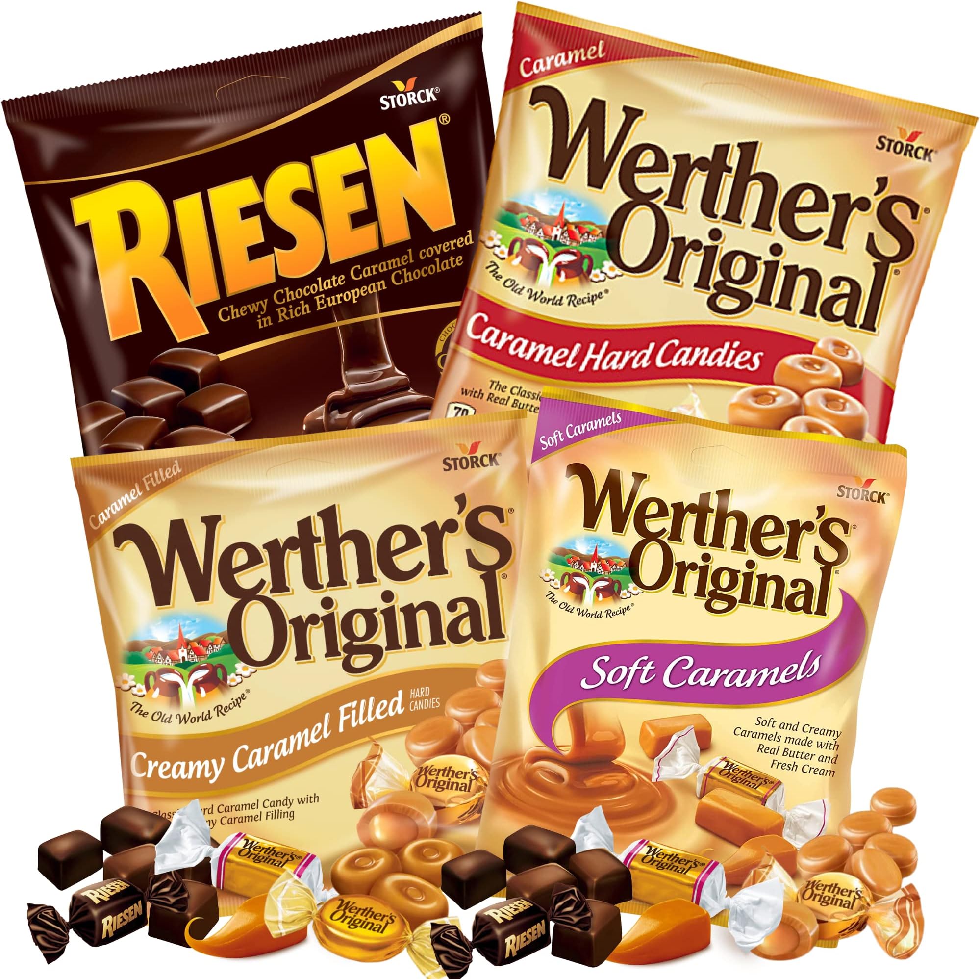 Werther's Original Caramel Hard Candy and Soft Caramels Assortment, Individually Wrapped Shareable Bite Size Candies and Dark Chocolates Party Favors or Office Jar Fillers, Pack of 4