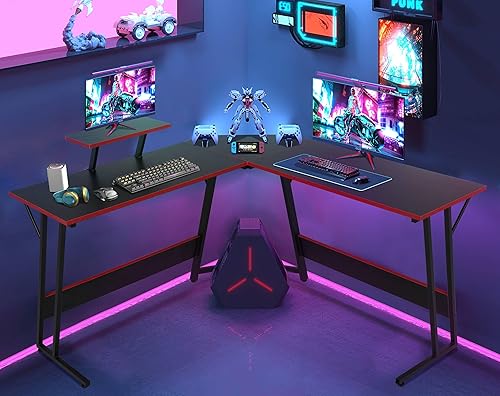 Escritorio para juegos en forma de L, escritorio grande de 50.4 con estantes y escritorio de fibra de carbono, mesa de computadora de madera,