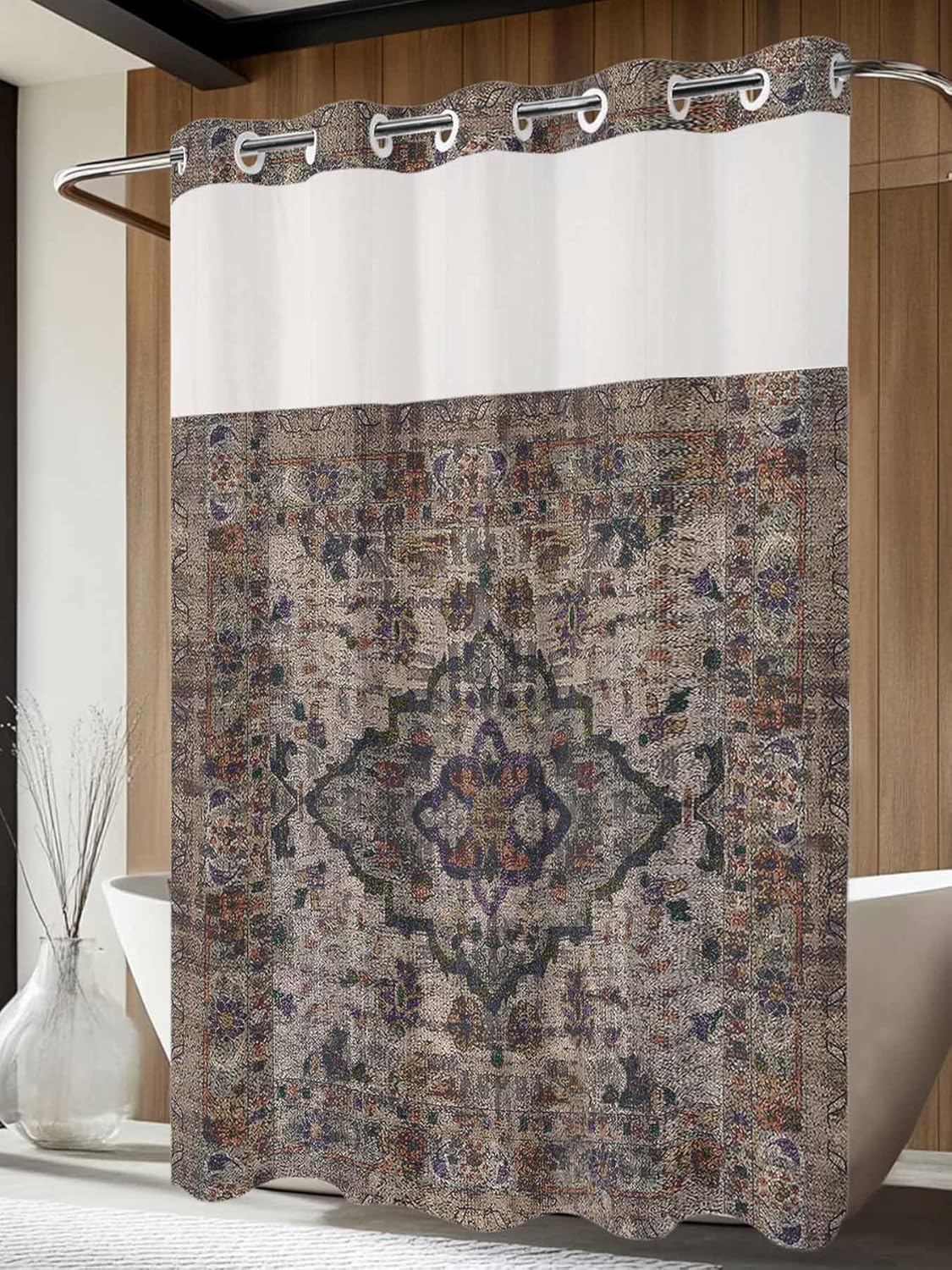 No Hook Shower Curtains with Snap-in Liner Set, Boho Vintage Waterproof Hotel Bathroom Shower Curtain, Modern Geometric Abstract Art Retro Flowers Breathable Mesh Top Window Bath Curtains 72''x84''
