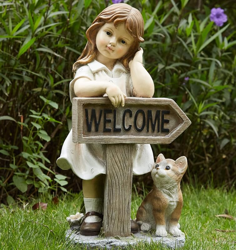 Estatua de jardín para niña con luces LED solares, señal de bienvenida solar para niña con estatua de jardín de gato para decoración al aire libre, porche, patio, decoración artística de patio, poliresina de 17,3 pulgadas