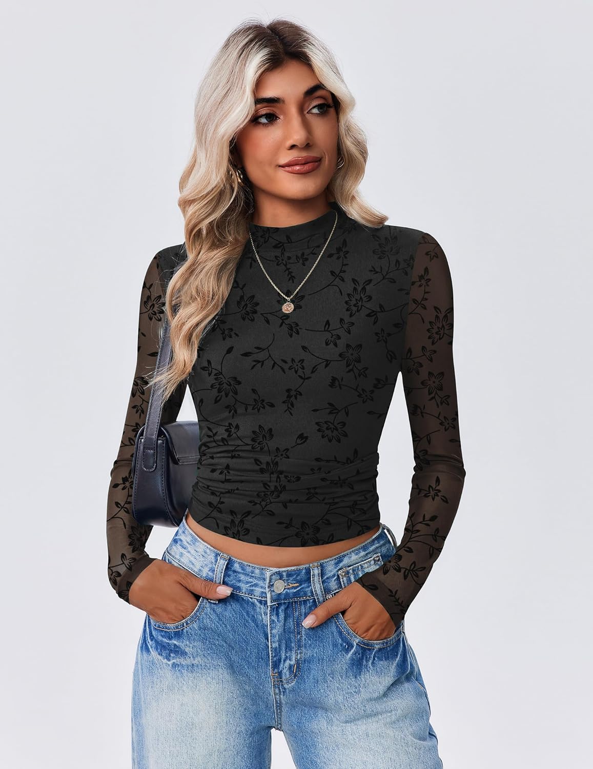 Zeagoo Womens Floral Mesh Long Sleeve Tops See Through Going Out Blouses Mock Neck Sheer Party Outfits Shirts S-XXL - Image 2