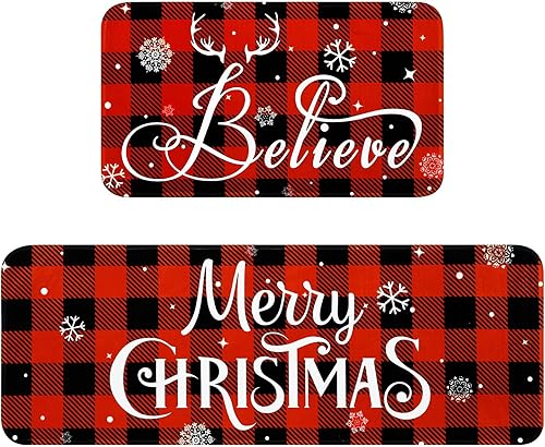 Miniatura 1 de Juego de 2 alfombras y tapetes de cocina de Navidad, juego de 2 alfombras de cocina lavables y absorbentes con copos de nieve, antideslizantes, para