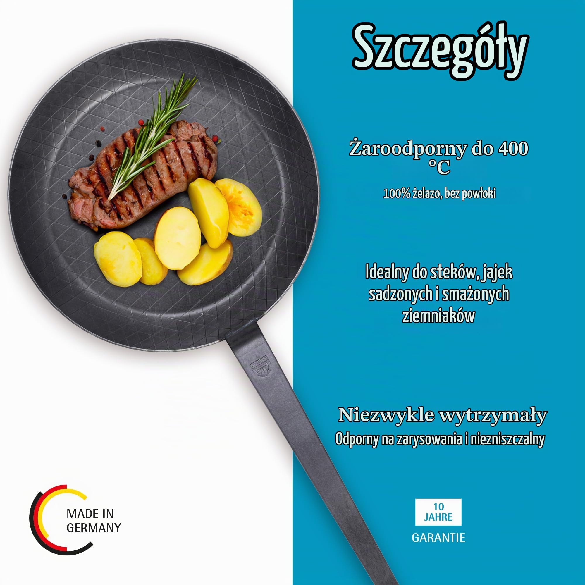 GRÄWE Patelnia z żelaza, kutego żelaza, Ø 28 cm, patelnia z uchwytem z haczykiem, bez powłoki, ryflowana, w zestawie łopatka