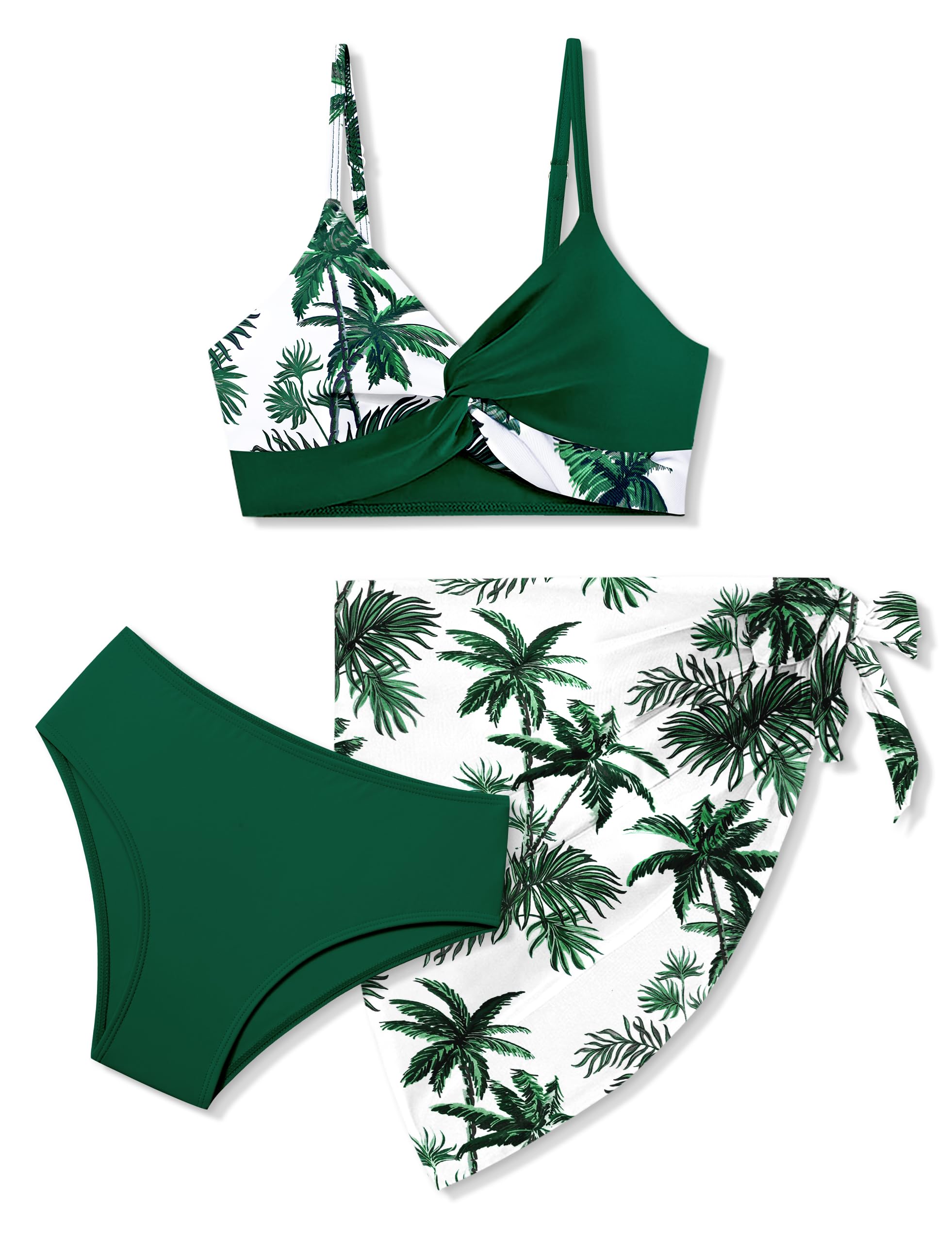 BAVADER Girls Swimsuits Size 14-16, Bathing Suits for Teens Tropical Floral Twist Cross Swimsuits for Teen Girls, Green Palm-2