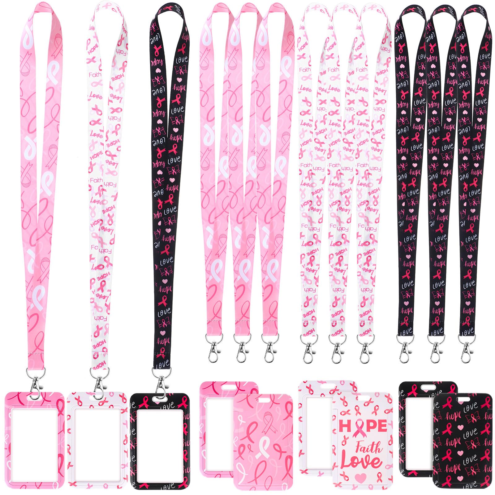 Qilery Set di 24 porta badge per la sensibilizzazione al cancro al seno, con cordini, nastro rosa, porta badge per donne, ragazze, sopravvissute al cancro, regali per eventi pubblici