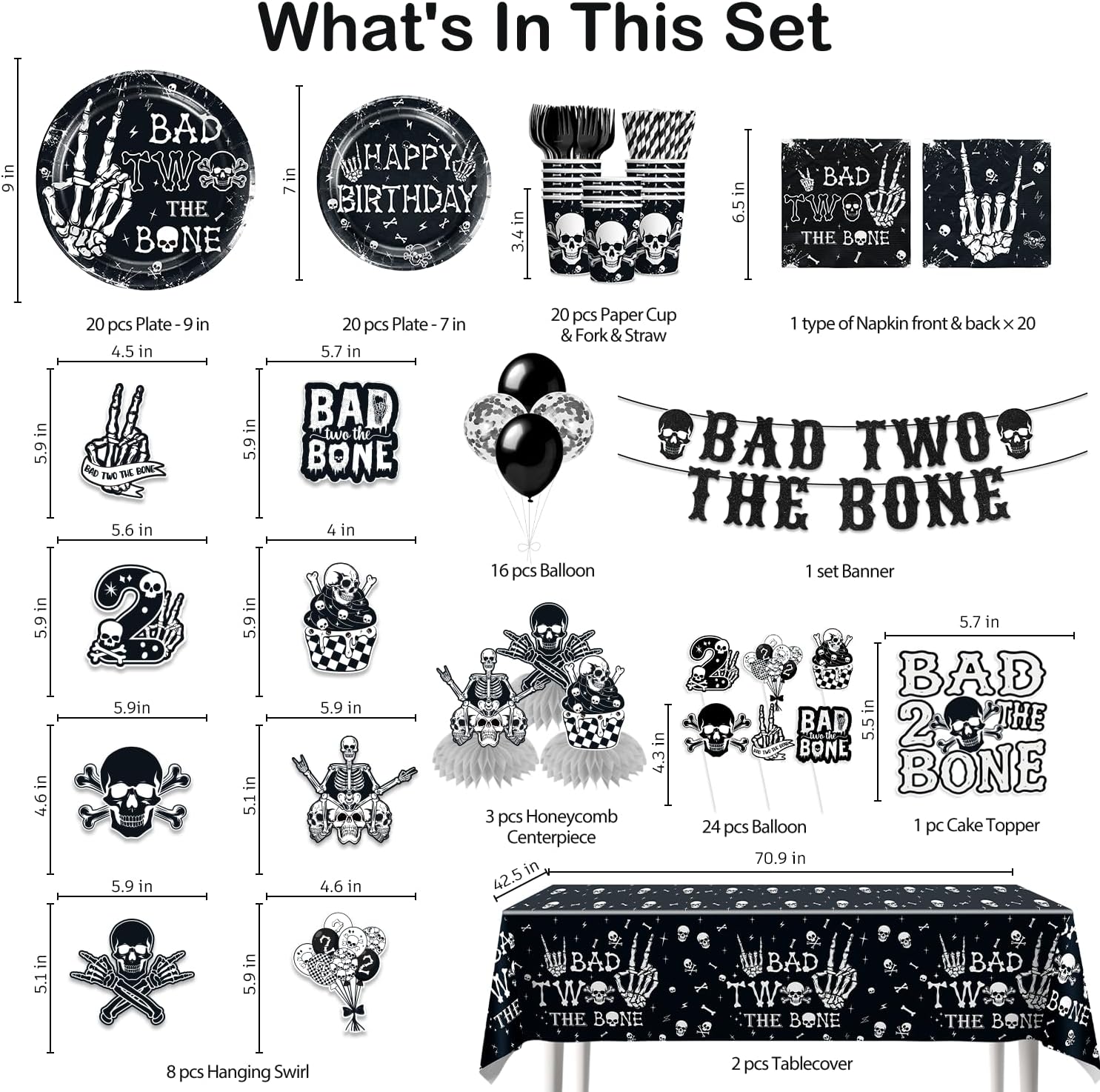 Xynic 139pcs Bad Two the Bone Party Decorations Boy Tableware Set, Bad to the Bone Thick Plates Banner with Hanging Swirls 2pcs Tablecloth for 2nd Birthday Decorations for Boys, Serves 20