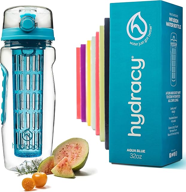 Hydracy Fruit Infuser Water Bottle - 1Litre Sport Bottle - Time Marker & Full Length Infusion Rod +27 Fruit Infused Water Recipes eBook Gift -Your Healthy Hydration Made Easy - Aqua Blue