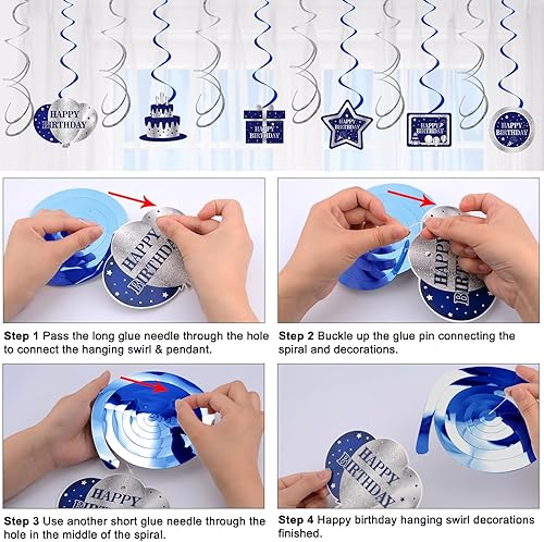 Miniatura 7 de Decoraciones de cumpleaños azules y plateadas para hombres, niños y mujeres, decoraciones de feliz cumpleaños, pancarta, centros de mesa de panal de