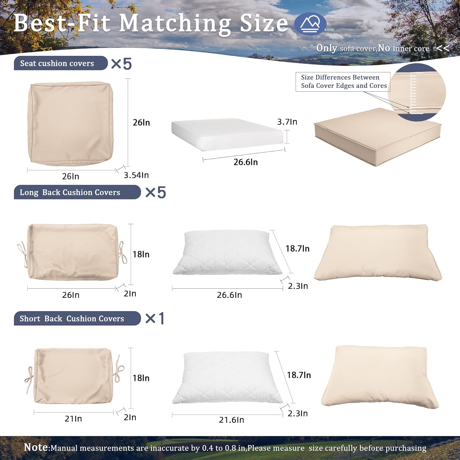 Outdoor Patio Cushion Cover Replacement, Outdoor Cushion Slipcovers for Outdoors Furniture Patio Sofa Couch Outside Zipper Design w/5 Seat Cushion Covers and 6 Backrest Pillow Covers(Brown)