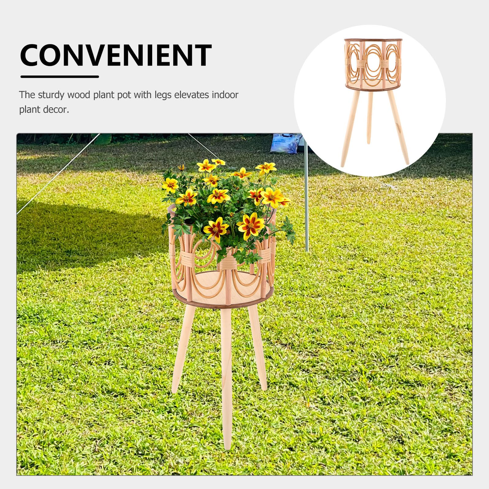TOYANDONA Supporto Porta Piante Intrecciato in Legno con Gambe Portavasi da Interno e Balcone Traforato Supporto Stabile per Fioriere da Pavimento Diametro 25 CM Altezza 53 CM