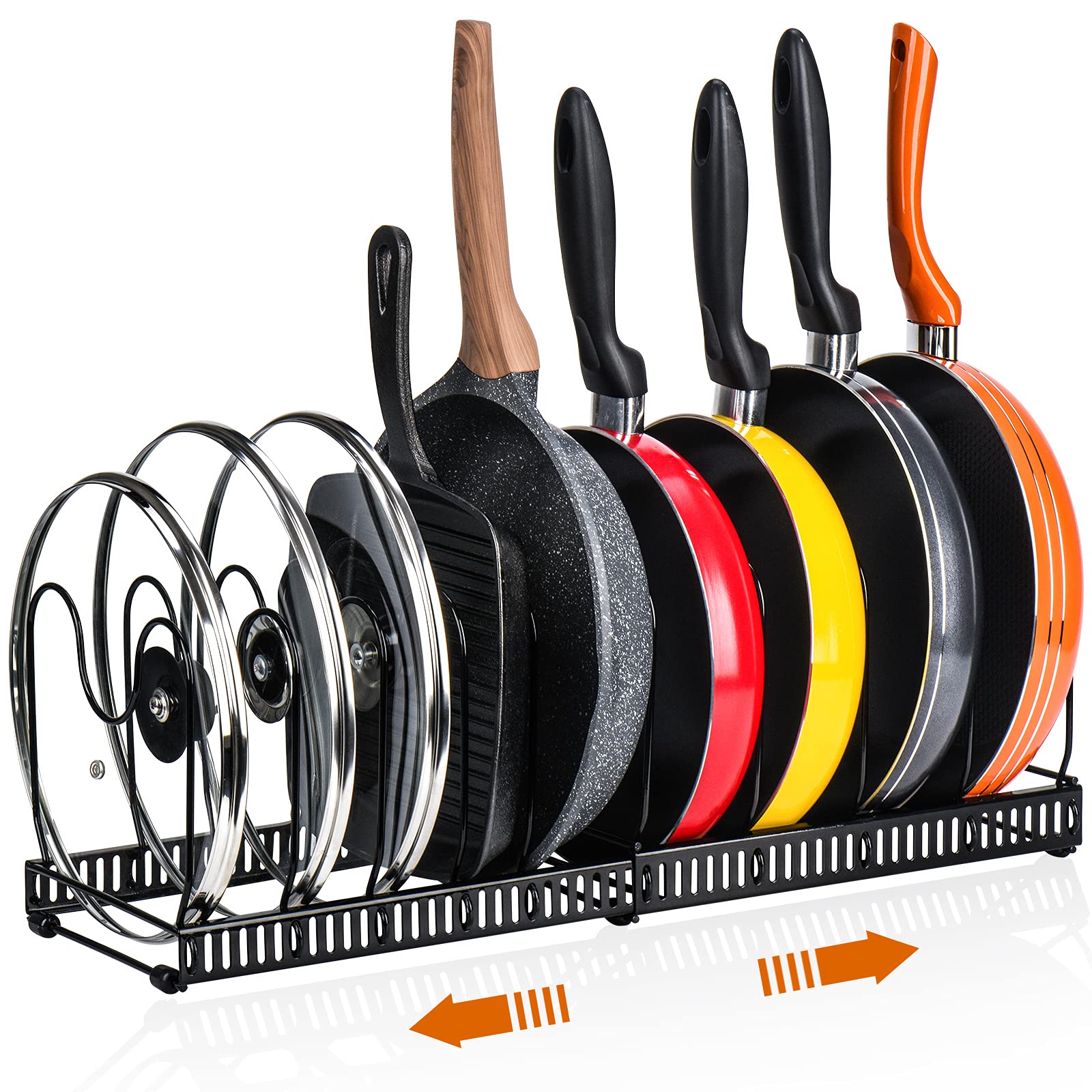Toplife Porta Padelle Allungabile in Acciaio con 10 Scomparti Regolabili, Porta Coperchi Pentole Salva Spazio, Organizer Cucina, Nero