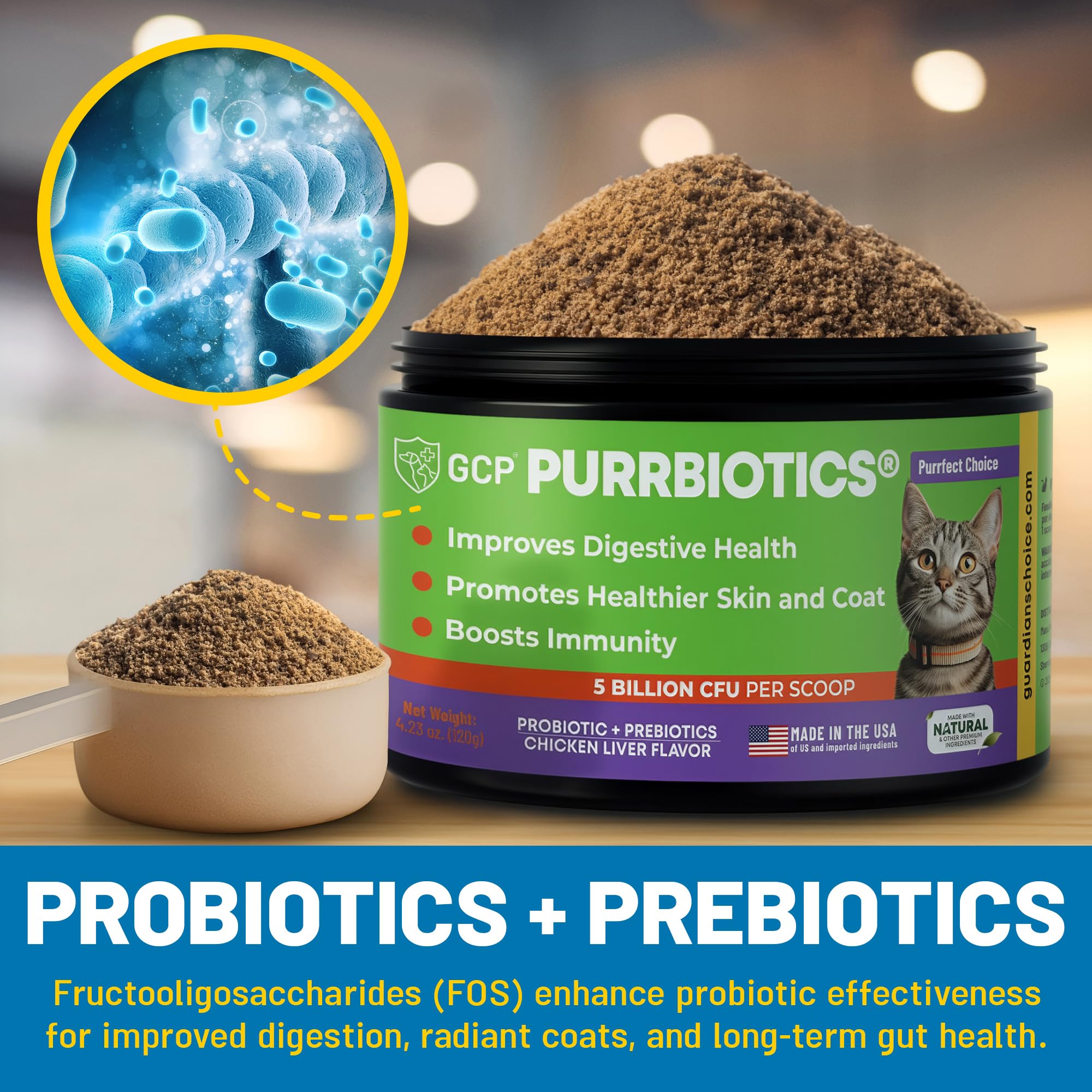 Guardian’s Choice Purrbiotics, Cat Probiotic Powder for Digestive & Immune Support, 5 Billion CFU with Prebiotics & Fiber, Shelf-Stable Probiotics for Cats, Chicken Flavor Cat Probiotics, 120 Servings - image 5