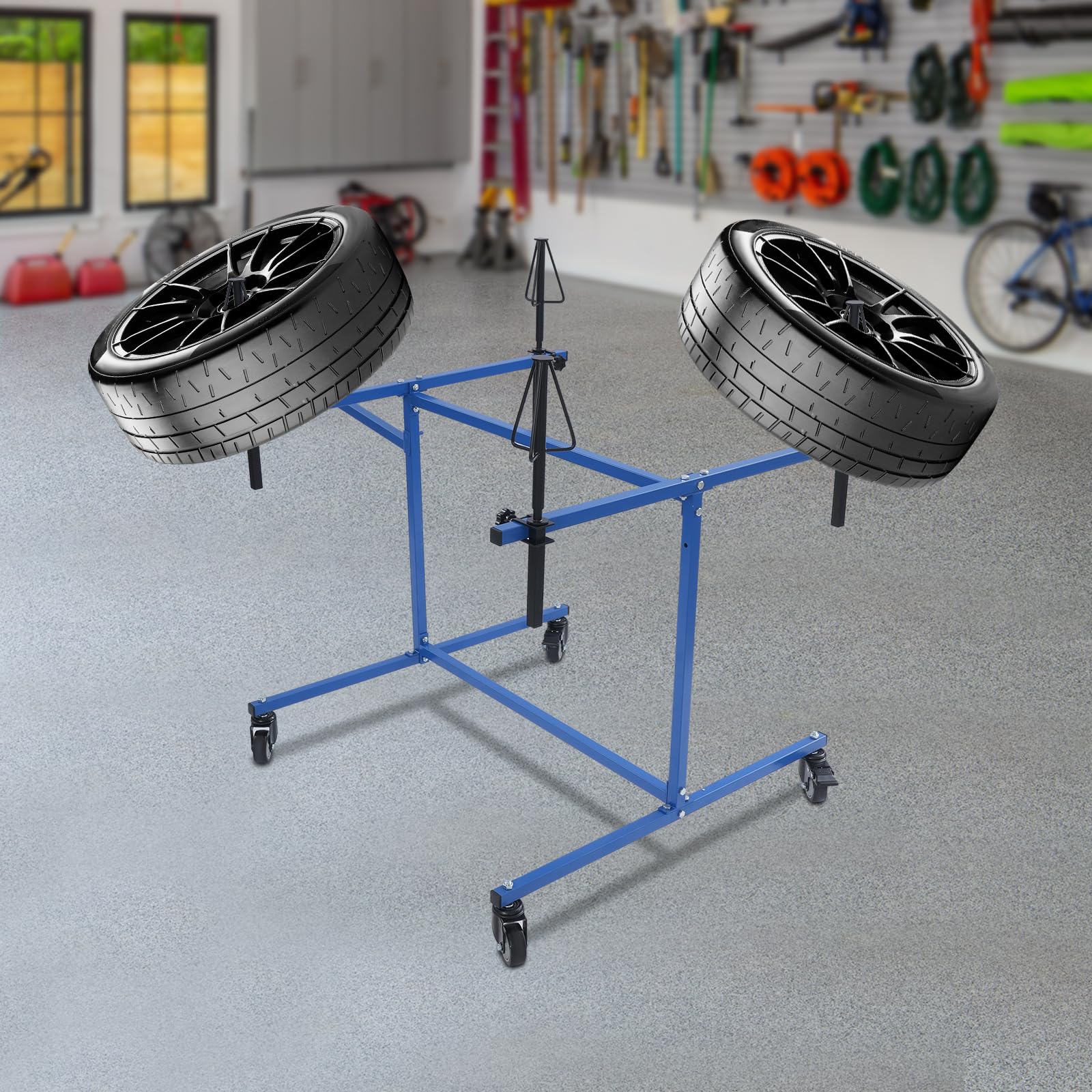 Lackierständer Auf Rädern,360° Drehbar, Höhenverstellbar Felgen-Lackierbock 4 Halter, Felgenlackierständer für Autoteile,Felgen,Hauben,Kotflügel,Türen,Stoßstange zum Lackieren (Blau)
