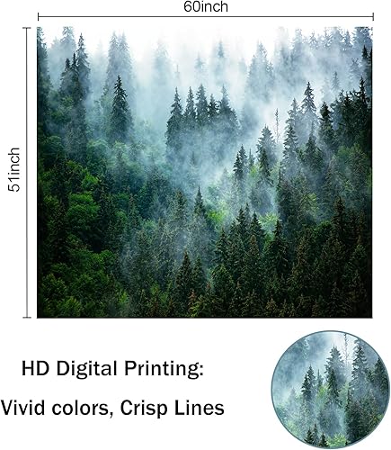 Miniatura 7 de Atrippy Tapiz de bosque brumoso para dormitorio, tapiz de pared de paisaje neblinoso con niebla natural, arte de pared de árboles verdes, decoración