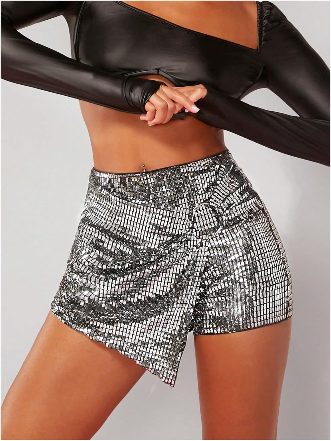 SHENHE Women's Glitter Shiny Shorts O Ring Wrap Skort Skirt Party Rave Sparkle Shorts - Image 3